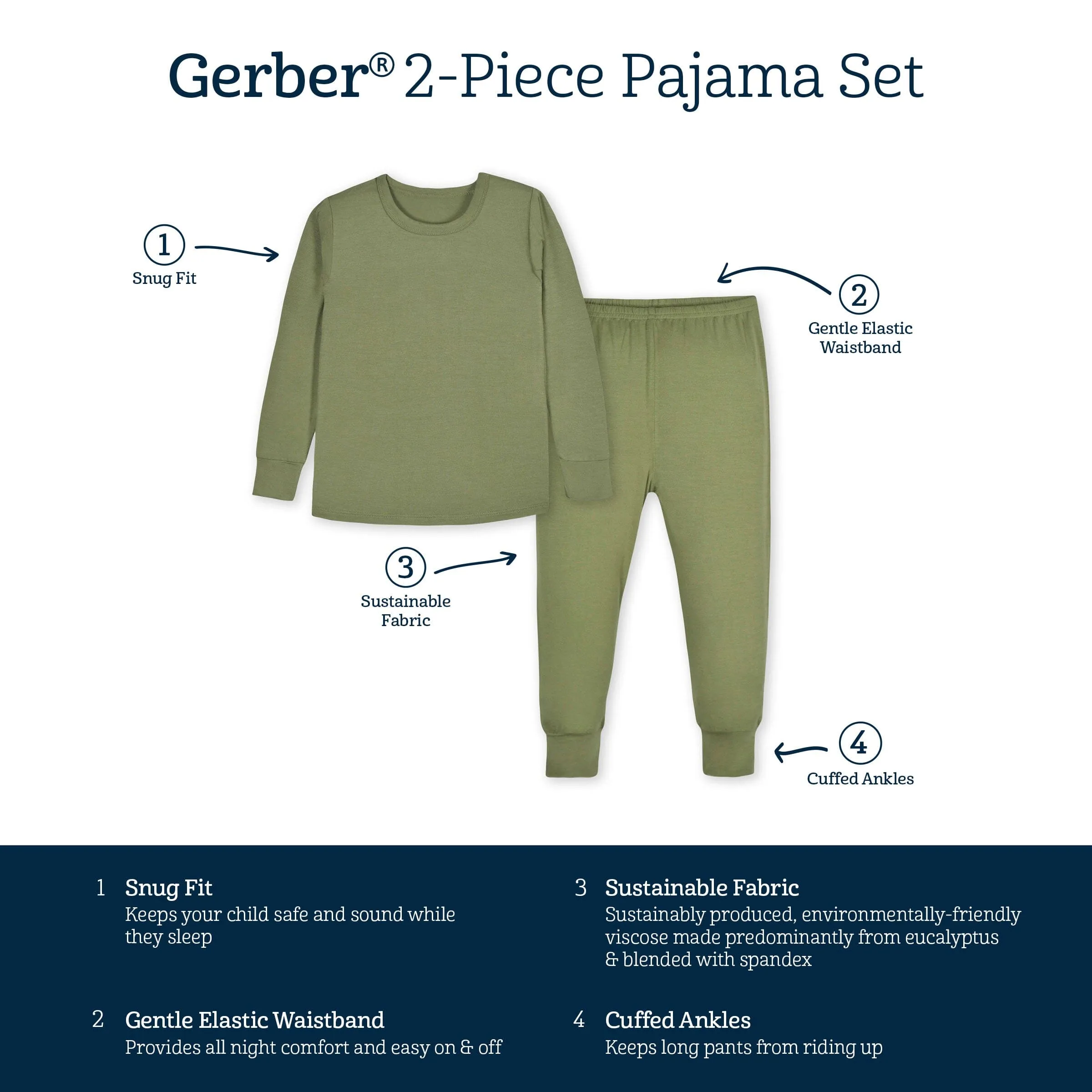 2-Piece Infant & Toddler Moss Buttery Soft Viscose Made from Eucalyptus Snug Fit Pajamas