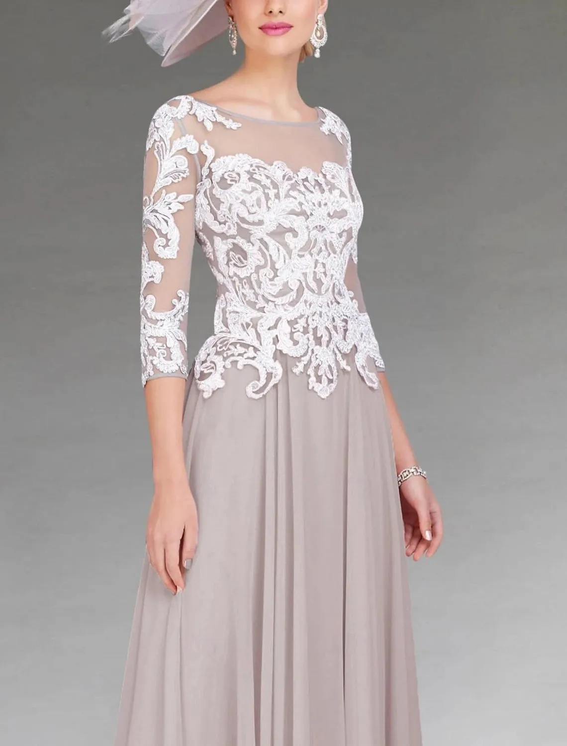 A-Line Mother of the Bride Dress Formal Wedding Guest Elegant Jewel Neck Asymmetrical Ankle Length Chiffon Lace with Appliques