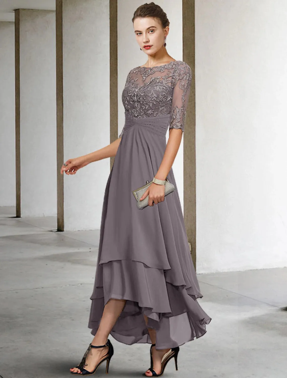 A-Line Mother of the Bride Dress Plus Size Elegant High Low Jewel Neck Asymmetrical Ankle Length Chiffon Lace Half Sleeve with Beading Ruffles Appliques