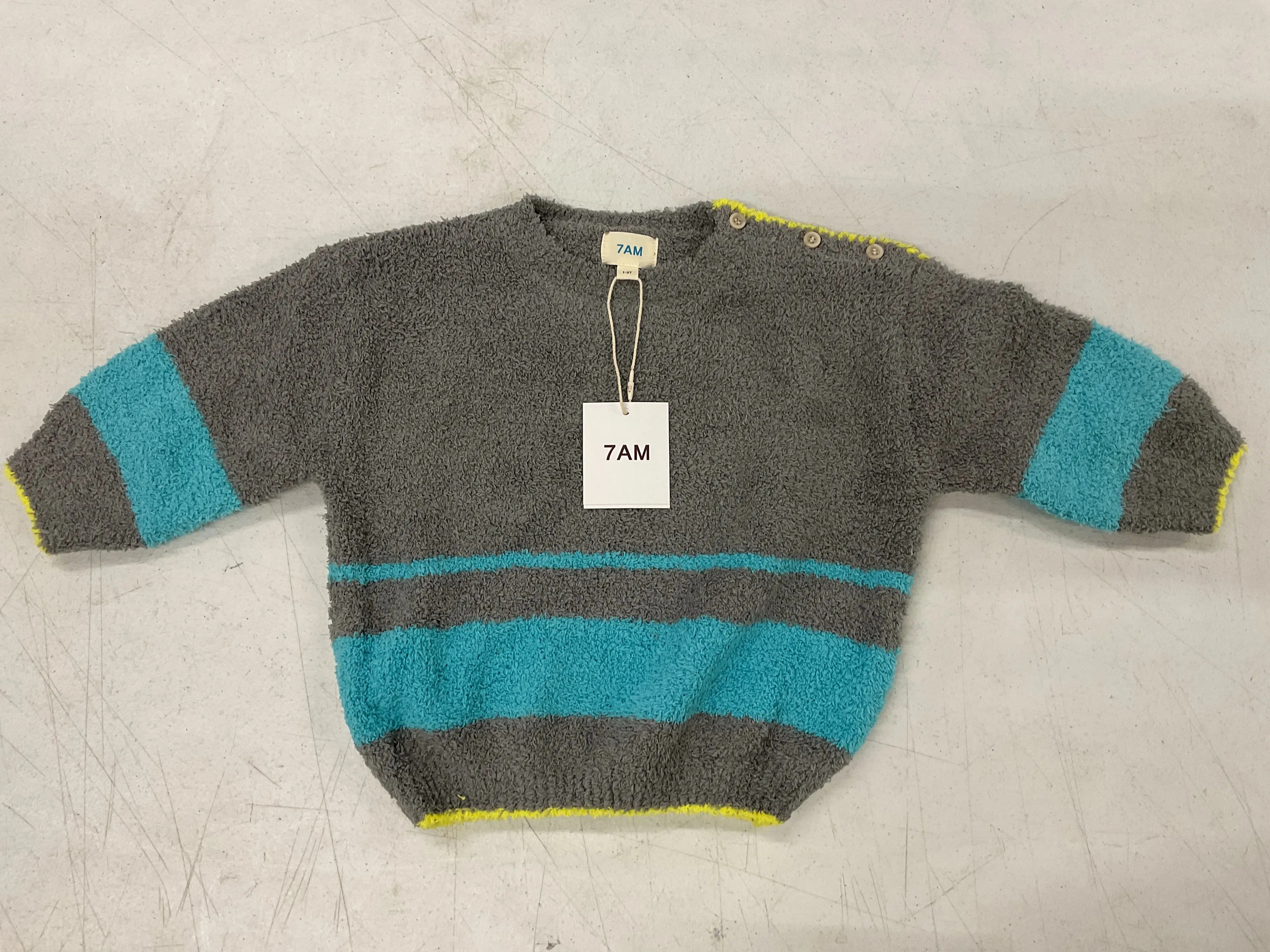 Boxy Striped Sweater - Fuzzy - Gris Bright Cyan -1-2 Y (See Description)