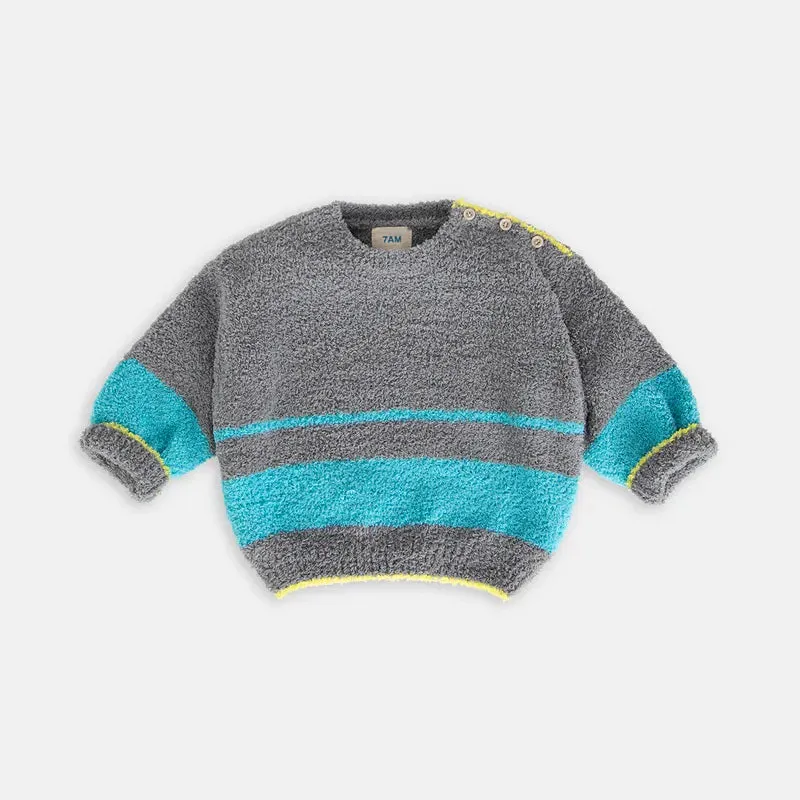 Boxy Striped Sweater - Fuzzy - Gris Bright Cyan -1-2 Y (See Description)