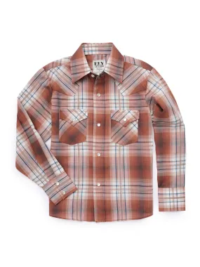 Boy's Ely Cattleman Long Sleeve Textured Plaid Western Snap Shirt- Rust & Navy