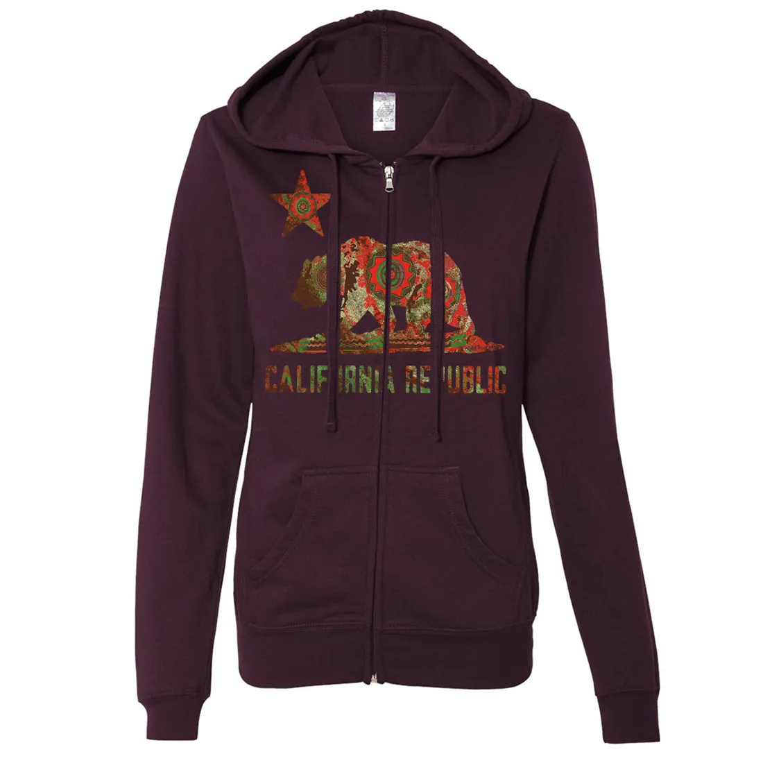 California Chumash Mandala Bear Ladies Lightweight Fitted Zip-Up Hoodie