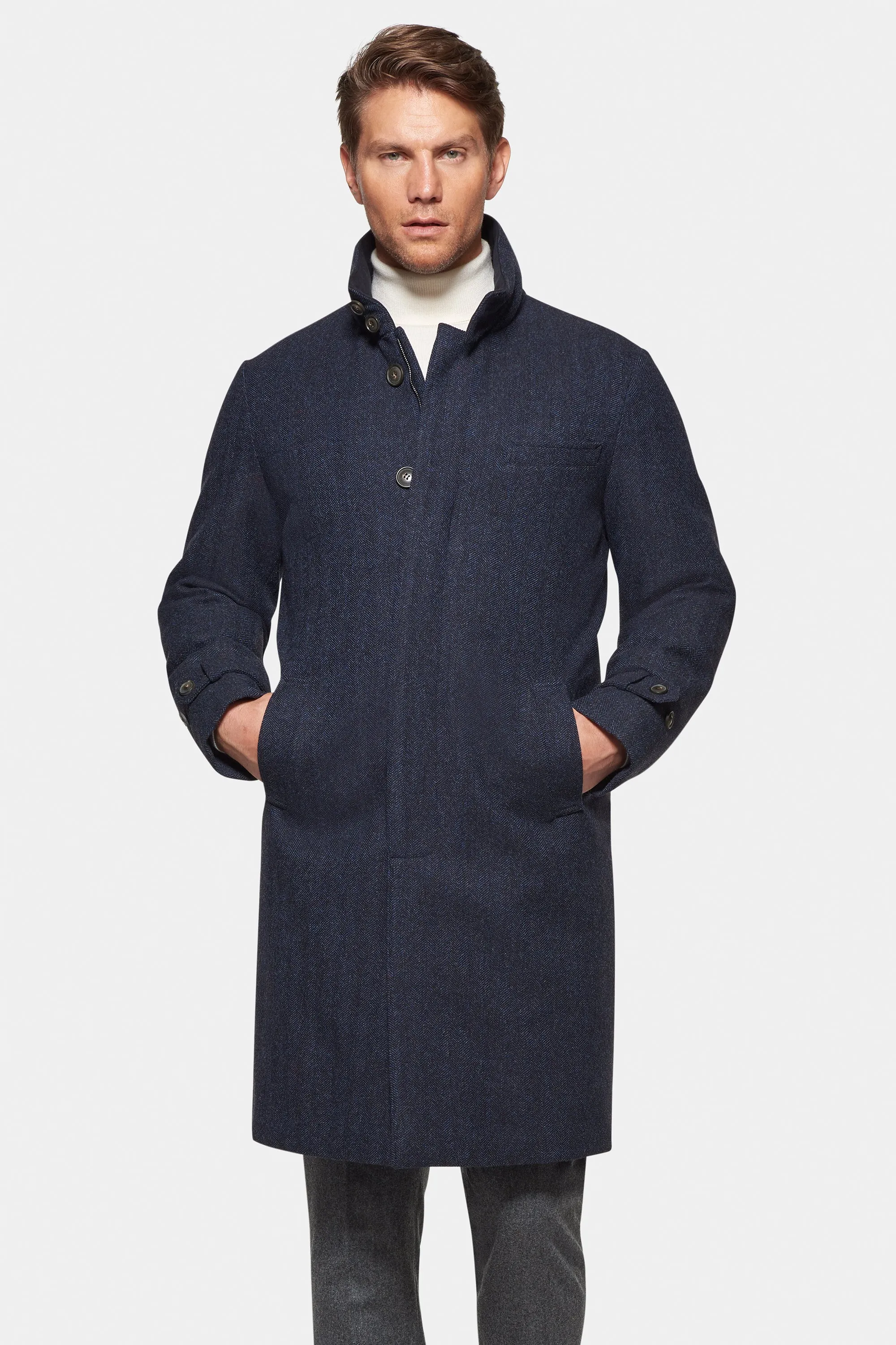 Cashmere Wool Topcoat, British Blue Herringbone