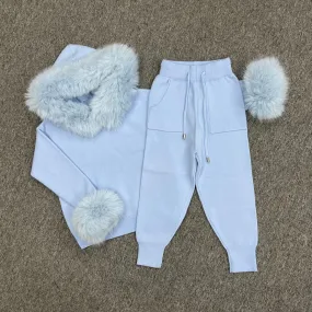 Childrens Baby Blue Premium Faux Fur Hood & Cuff Tracksuit