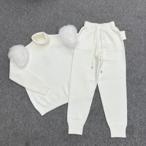 Childrens Cream Luxury Fur Roll Neck Jogger Tracksuit