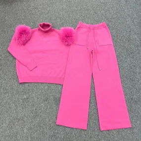 Childrens Hot Pink Premium Faux Fur Wide Leg Tracksuit