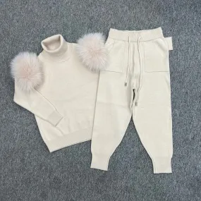 Childrens Light Beige Luxury Fur Roll Neck Jogger Tracksuit