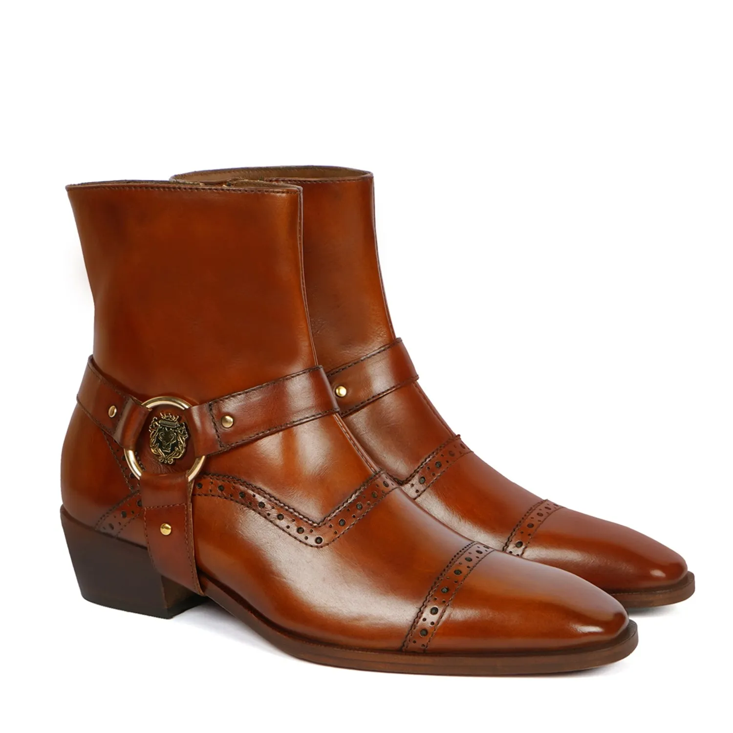 Circular Buckle Metal Lion Punching Brogue Cuban Heel With Adjustable Strap Men's Boot By Brune & Bareskin