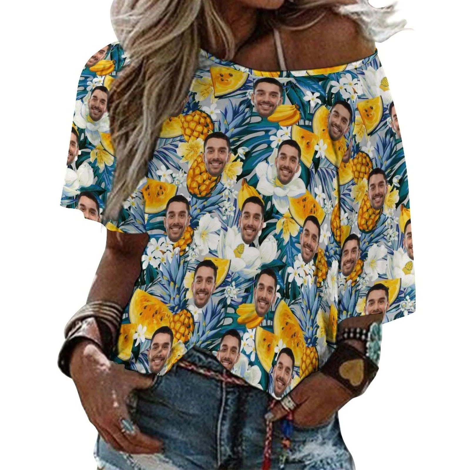 Custom Boyfriend Face Pineapple Flower Loose Fit Tee Personalized One Side Off Shoulder Women's Mid Sleeve Straight Neck T-shirt