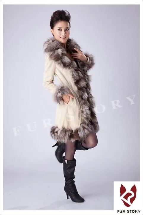 Genuine Leather Coat Pig Suede Leather Silver Fox Fur Collar  Jacket Outwear  010204