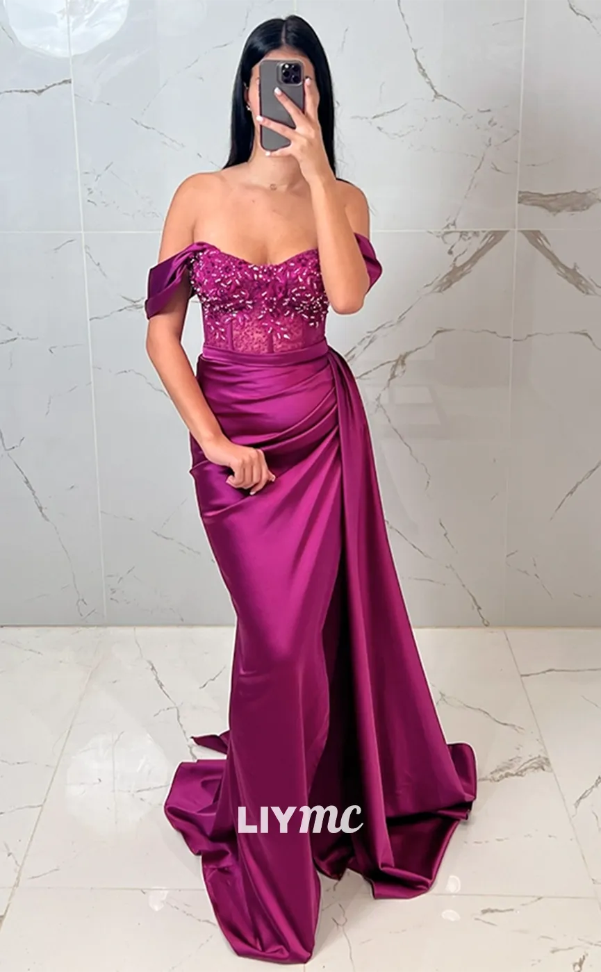 LP1359 - Modern & Chic Mermaid Off-Shoulder Illsion Stain Ruched Beaded  Long Prom Dress