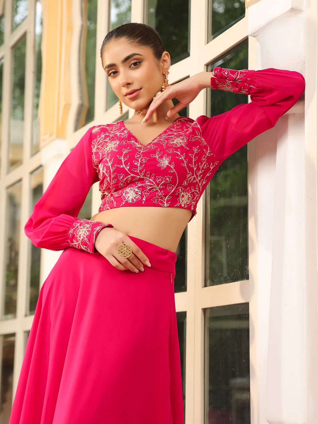 Pink Georgette Embroidered Top With Skirt Set