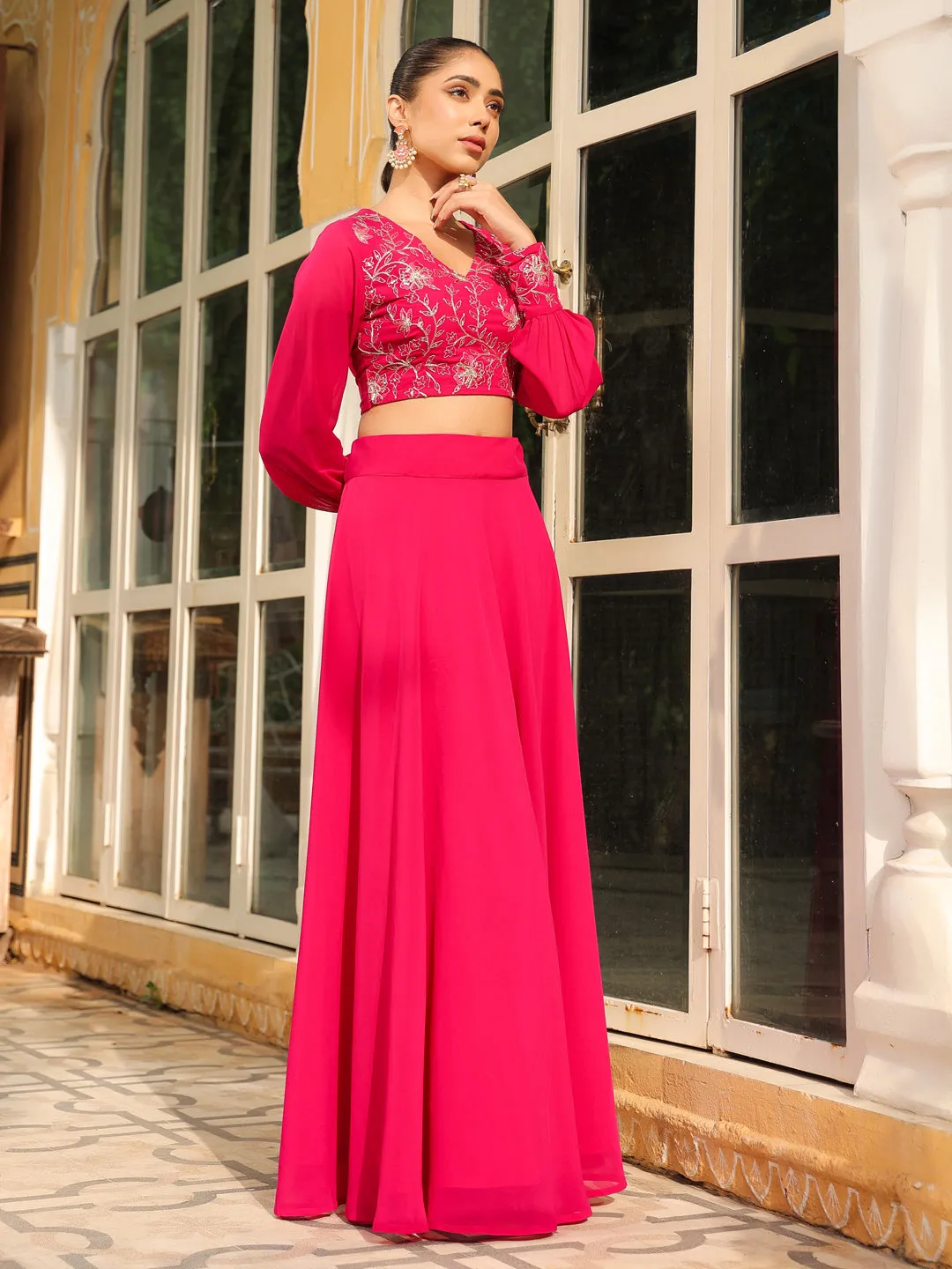 Pink Georgette Embroidered Top With Skirt Set