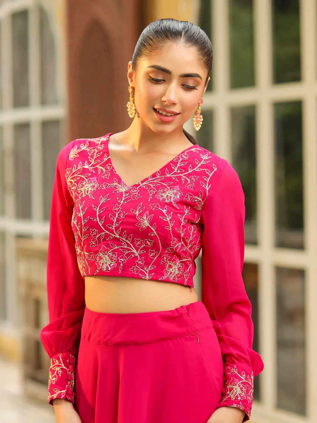 Pink Georgette Embroidered Top With Skirt Set