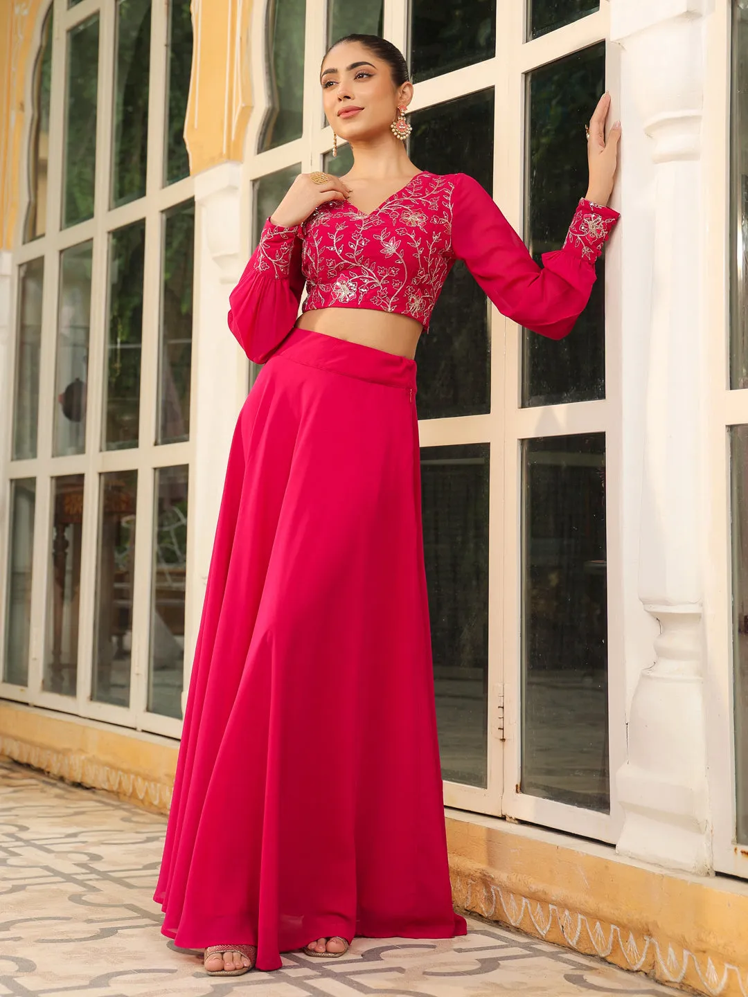 Pink Georgette Embroidered Top With Skirt Set