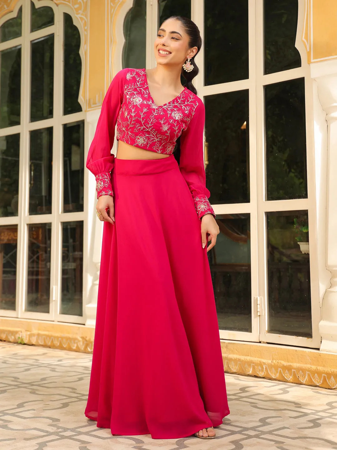 Pink Georgette Embroidered Top With Skirt Set