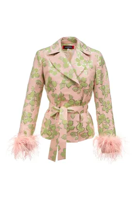 Pink Jacquard Jacket №19 with detachable feather cuffs