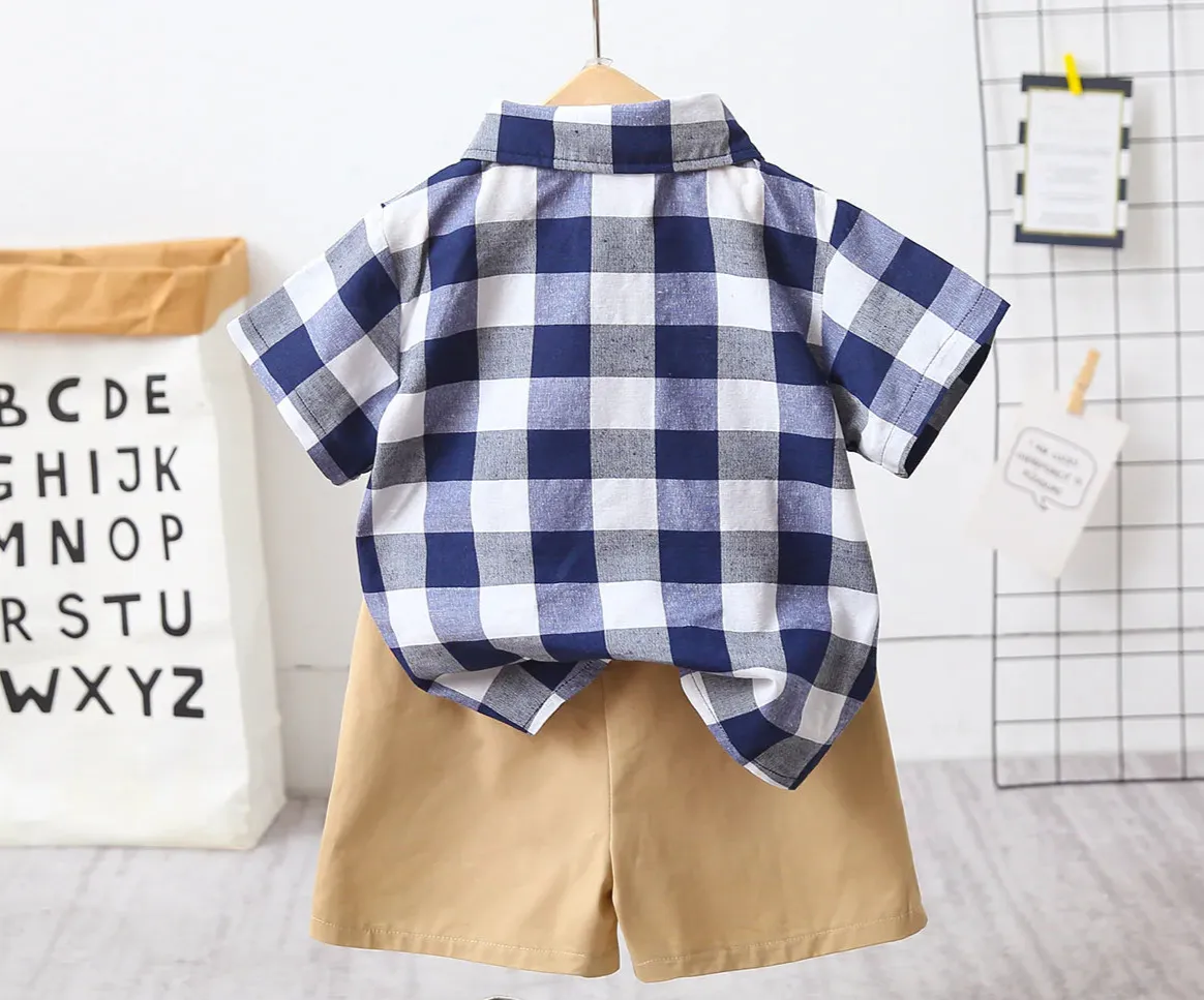 PP-2pcs Toddler Boy Casual Plaid Shirt & Khaki Shorts Set PP77