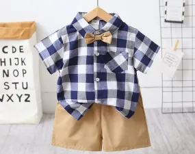 PP-2pcs Toddler Boy Casual Plaid Shirt & Khaki Shorts Set PP77