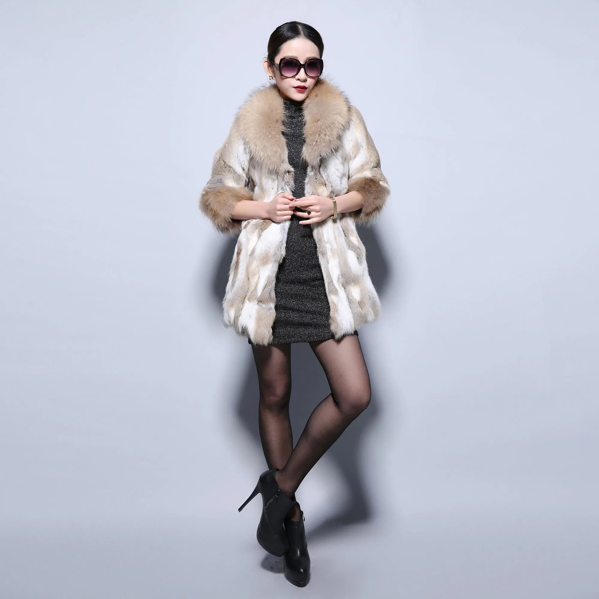 Real Rabbit Fur Coat with Raccoon Fur Collar and Cuff Jacket Overcoat  010130