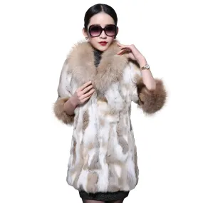 Real Rabbit Fur Coat with Raccoon Fur Collar and Cuff Jacket Overcoat  010130