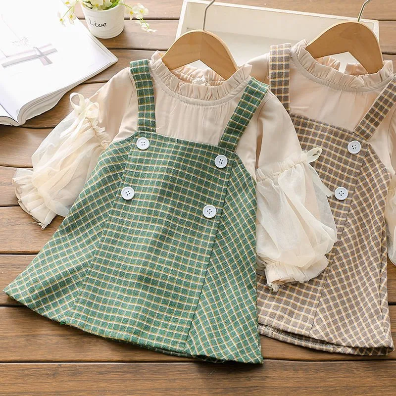 Retro Plaid Pinafore Set with Ruffle Blouse