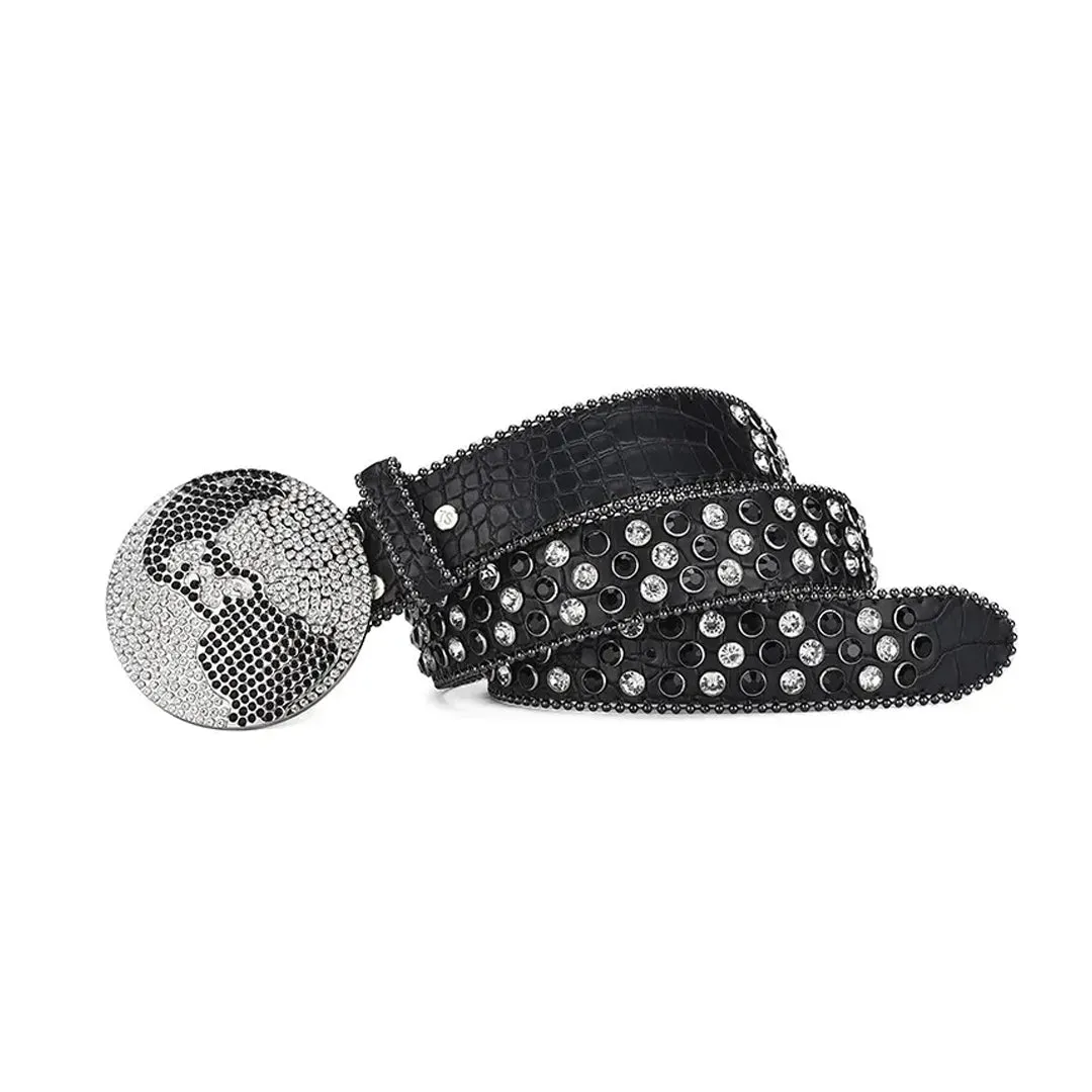 Rhinestone Globe Buckle With Black & Crystal Studded Belt