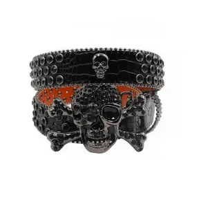 Rhinestone Metal Skull Buckle Black Strap With Black Studded Belt