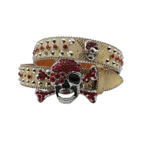 Rhinestone Metal Skull Buckle Gold Strap With Red Studded Belt