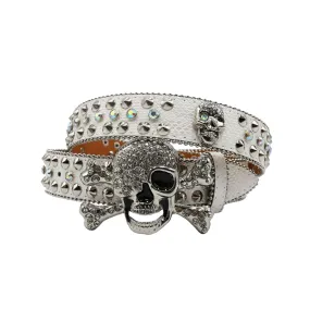 Rhinestone Metal Skull Buckle White Strap With Crystal Studded Belt