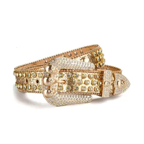 Rhinestone Skull Buckle Gold Strap With Crystal Studded Belt