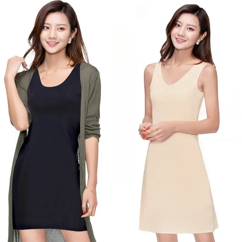 Seamless V-Neck Full Slips Dresses For Women Thin Ice Silk Summer Underskirt Dress Sleeveless Inner Vest Dress Plus Size M-3XL