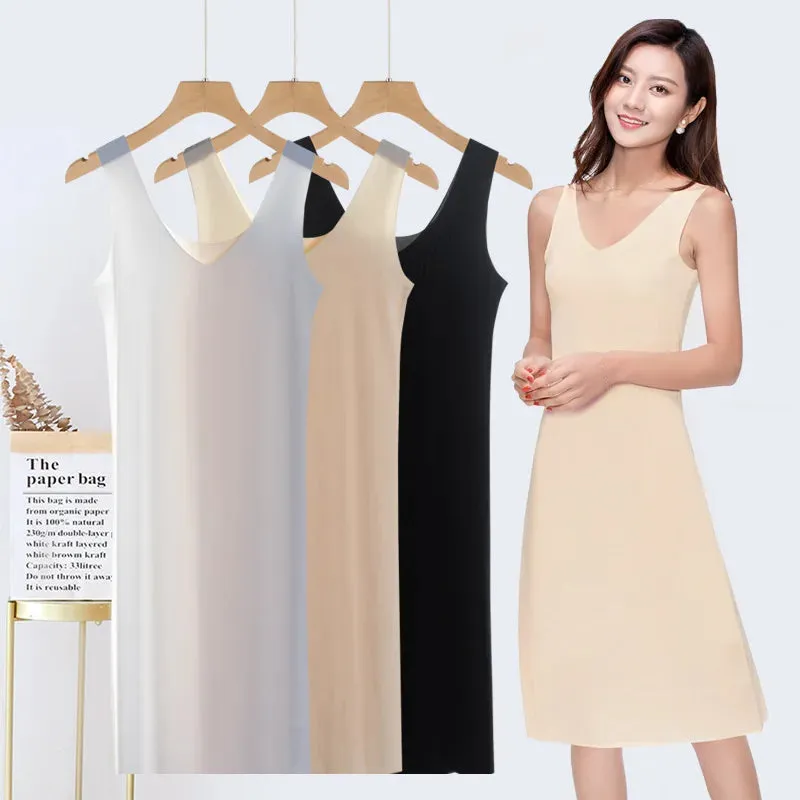 Seamless V-Neck Full Slips Dresses For Women Thin Ice Silk Summer Underskirt Dress Sleeveless Inner Vest Dress Plus Size M-3XL