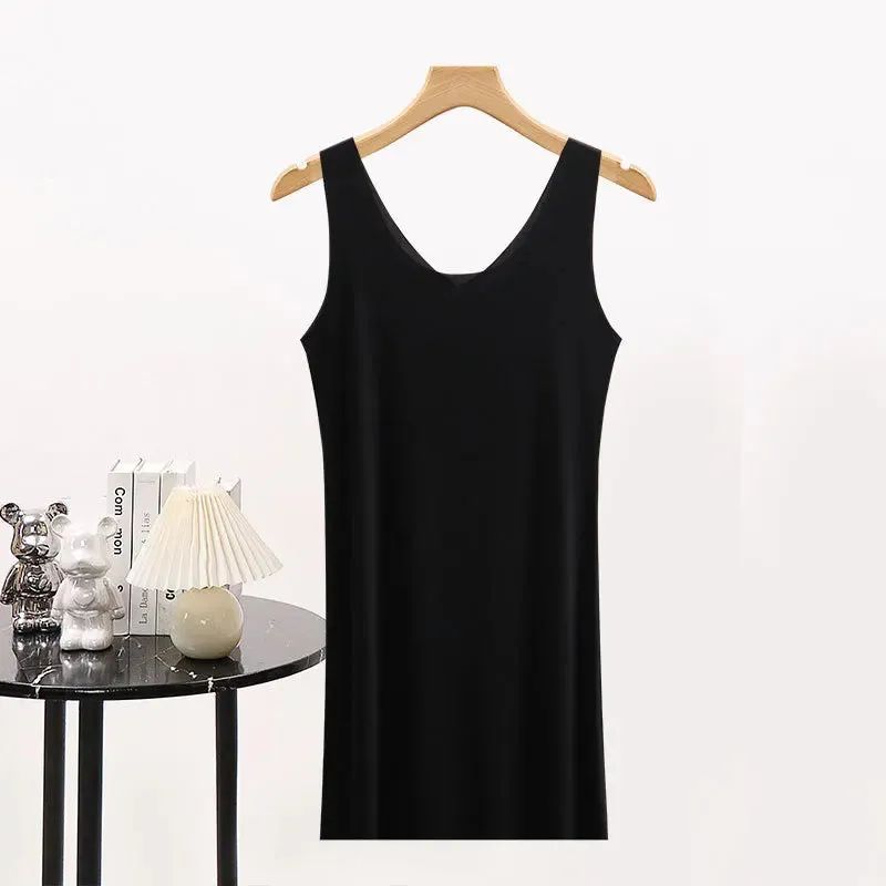 Seamless V-Neck Full Slips Dresses For Women Thin Ice Silk Summer Underskirt Dress Sleeveless Inner Vest Dress Plus Size M-3XL