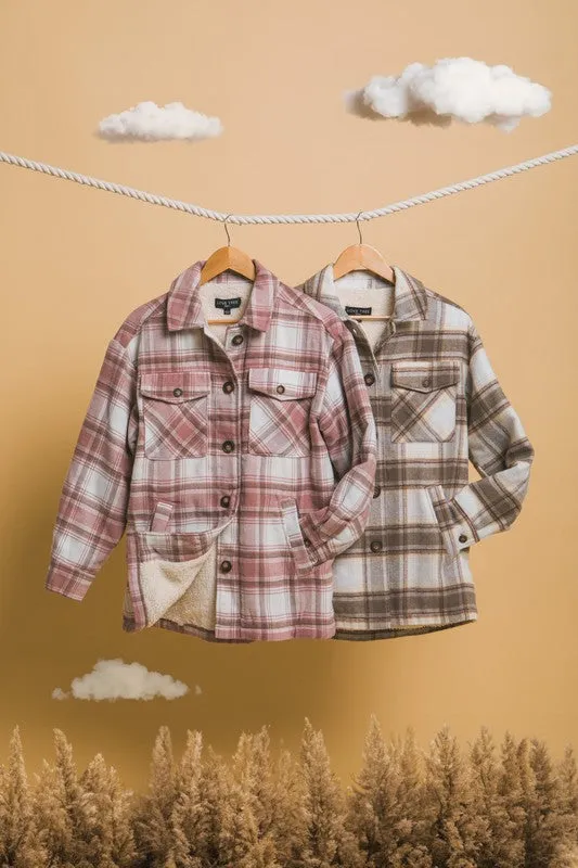 Sheila Plaid Button Up Jacket with Sherpa Lining S-XL