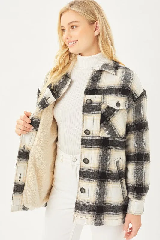 Sheila Plaid Button Up Jacket with Sherpa Lining S-XL