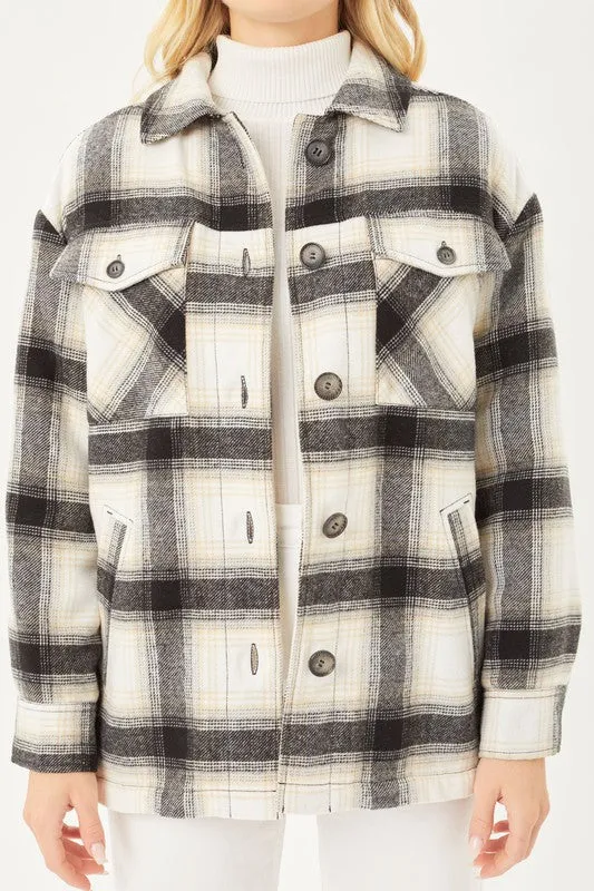 Sheila Plaid Button Up Jacket with Sherpa Lining S-XL