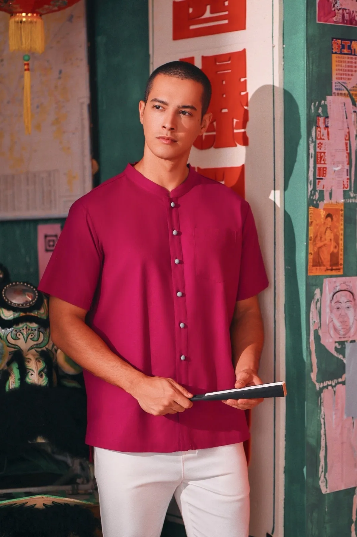 The Chinatown Men Mandarin Shirt - Fuchsia