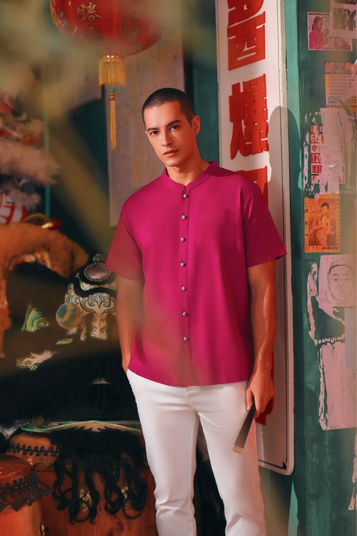 The Chinatown Men Mandarin Shirt - Fuchsia