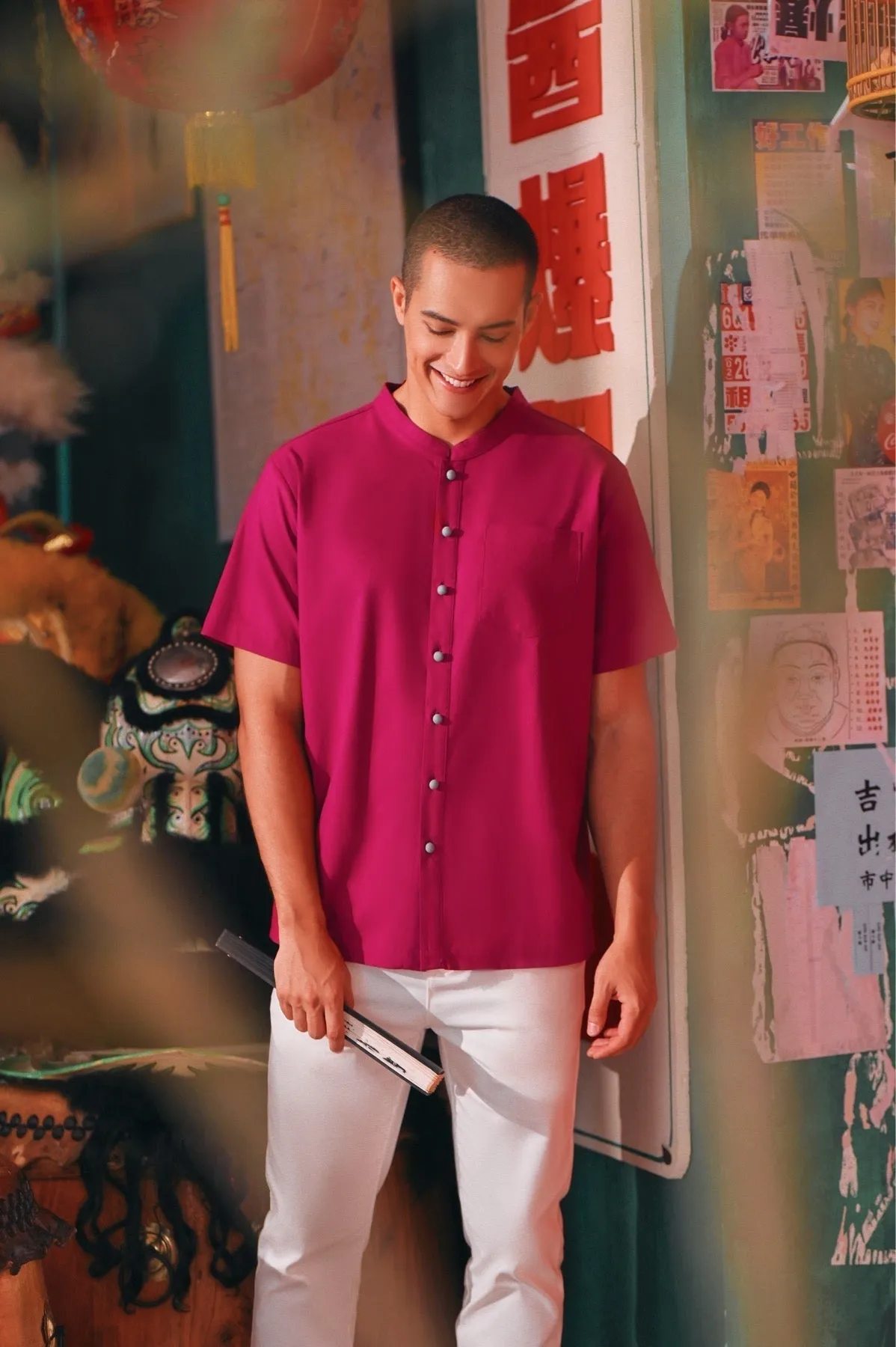 The Chinatown Men Mandarin Shirt - Fuchsia