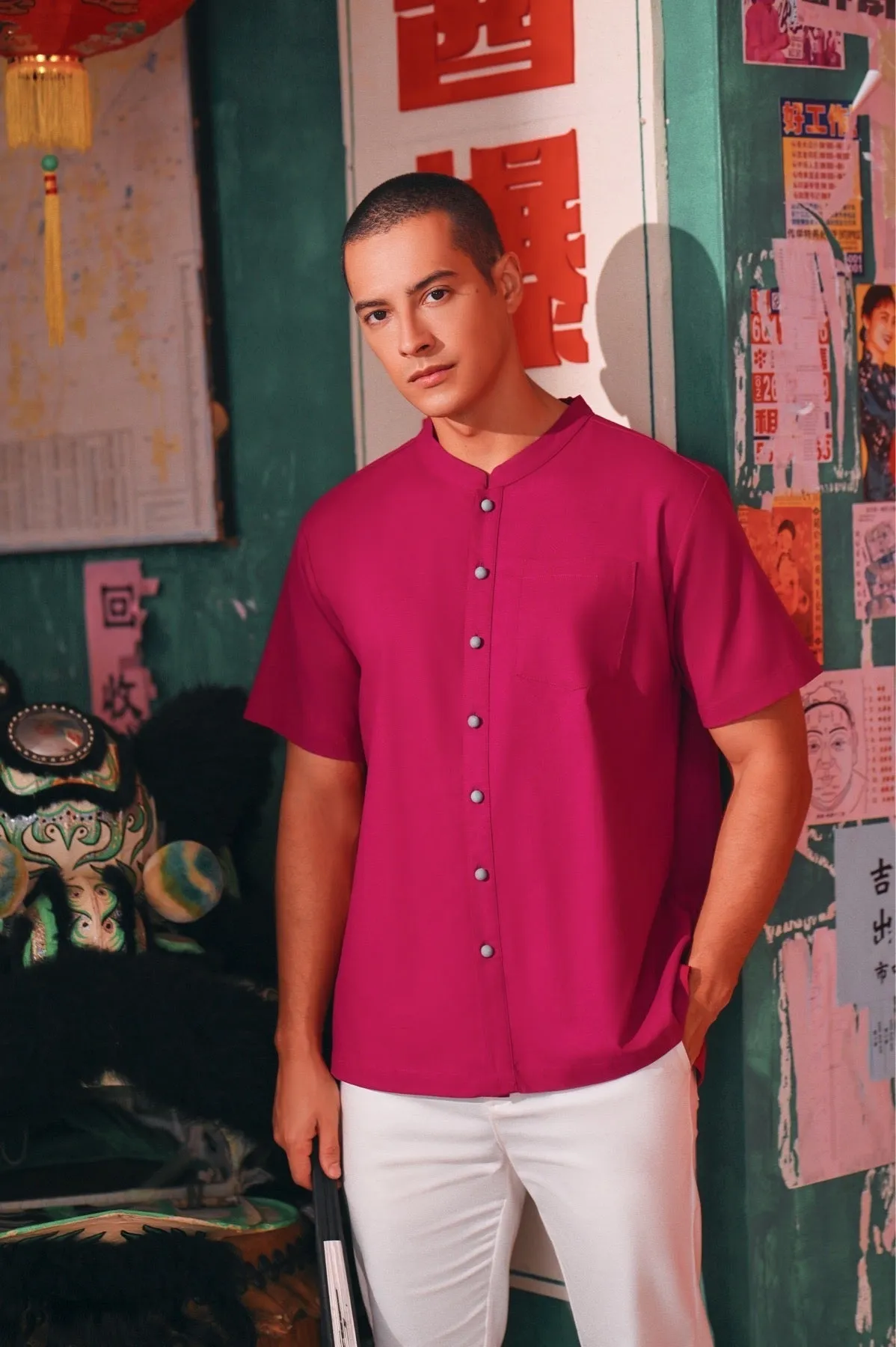 The Chinatown Men Mandarin Shirt - Fuchsia