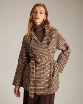 The Khaki Lapel Plaid Lace Up Belted Coat