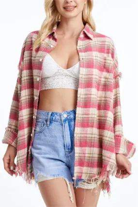 WOMEN'S LONG SLEEVE RAGGED LOOSE SHIRT BYIC005 (BYHE098) PINK/KHAKI PLAID