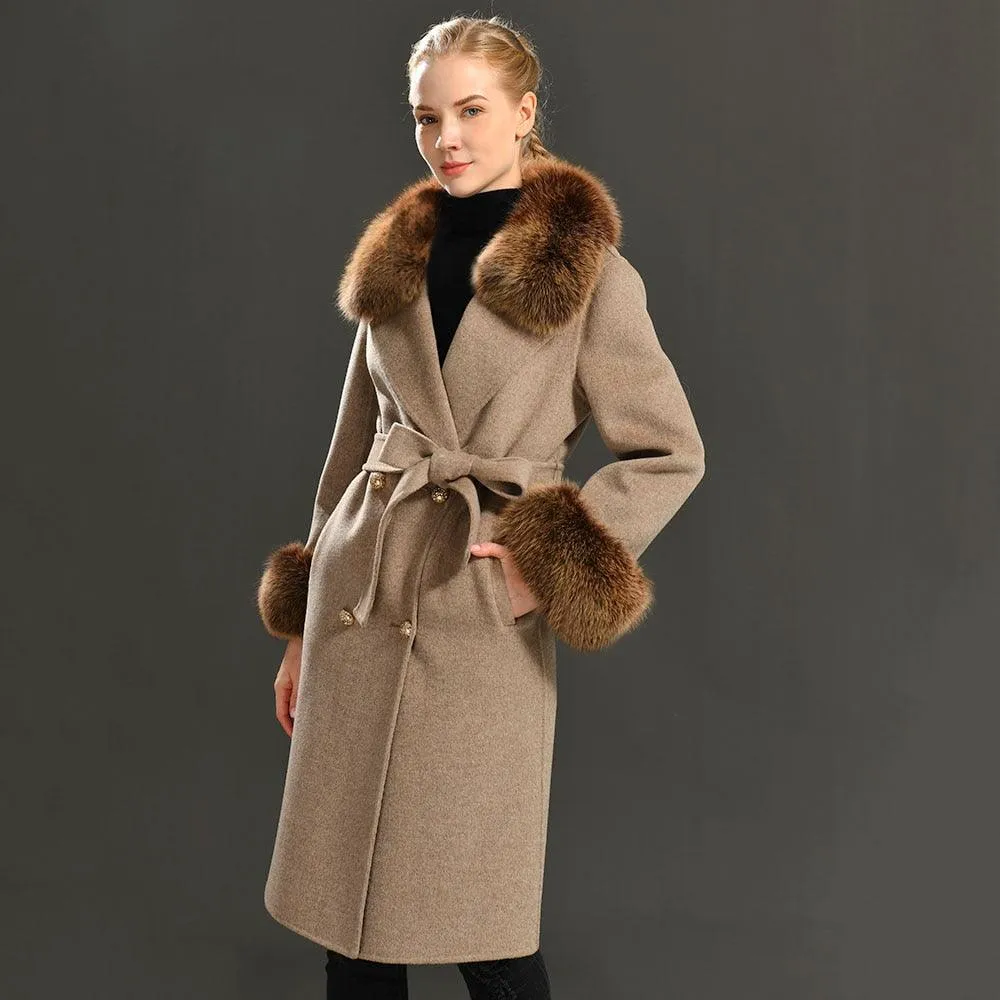 Women's Wool Coat with Spring Real Fox Fur Collar