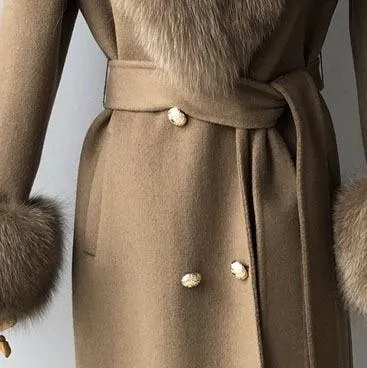 Women's Wool Coat with Spring Real Fox Fur Collar